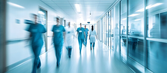 Busy hospital corridor with diverse doctors in motion suitable for medical and healthcare services
