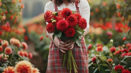 Farmer picking red pompom dahlias between rows of flowers. Gardener holding bouquet of blooms. Flower business, 