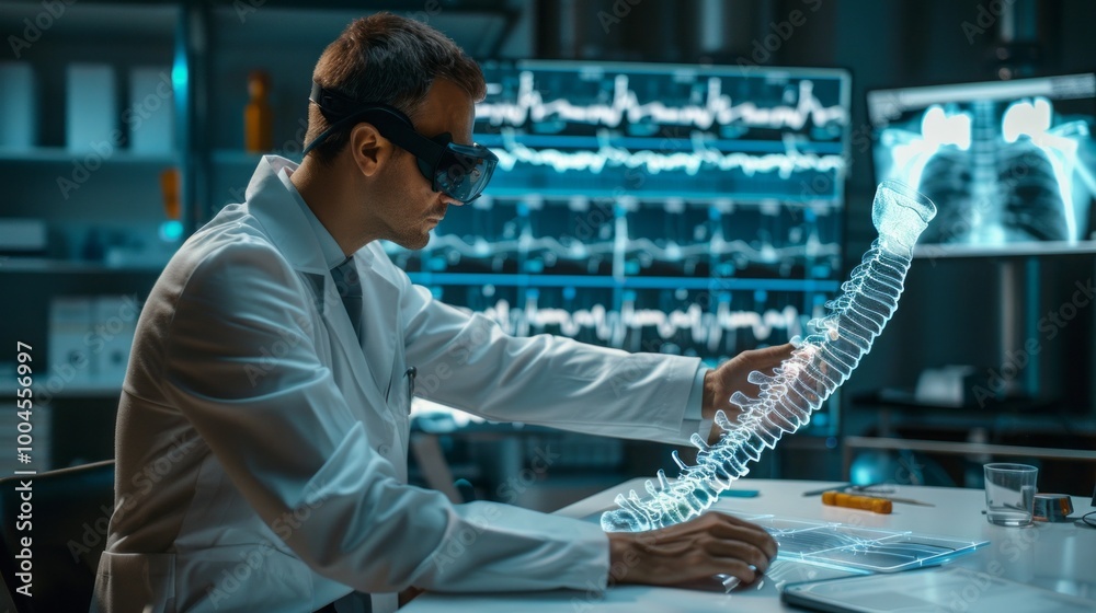 Aufkleber A man in a white lab coat is looking at a computer screen with a skeleton on it
