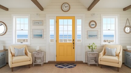 Coastal Home Interior with Yellow Door  Ocean View  and Striped Pillows