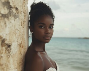 African American bride poses at a seaside resort overlooking the blue ocean, wearing a modern white silk dress for luxury destination bridal wedding celebration on coast