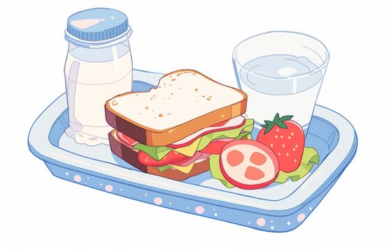 lunch tray with sandwich, milk, water, fruit clip art preview