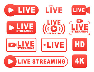 Live stream button set. Live icon set. Red social media live streaming full hd 3d icon design isolated on background. Social media. Vector illustration