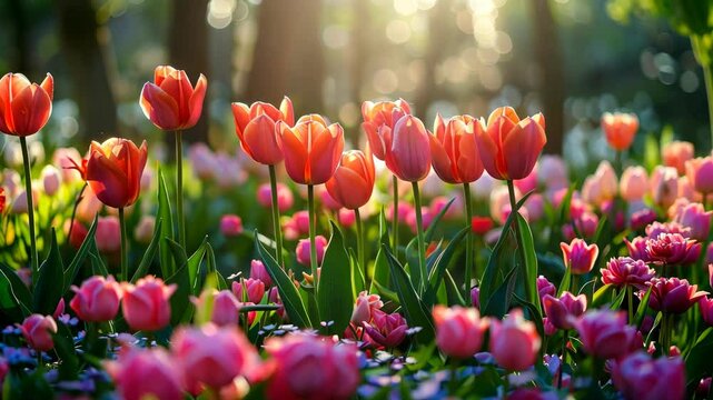 A field of tulips blooms in the sunlight on a spring day