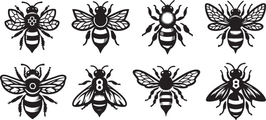 Honey bee set. Set of  honey and bee labels for honey logo products. Isolated insect icon. Flying bee. Set of abstract modern graphic bees  on white background. Flat style vector illustration.