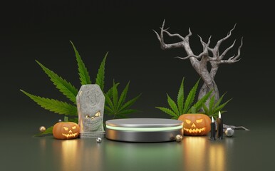 Orange 3D scene on a minimalist display stand with candles and Halloween display stand. Halloween 3D background with pumpkin display stand with cannabis leaves as element.
