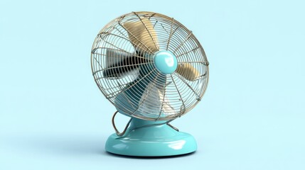 A vintage blue and beige electric fan on a light blue background.