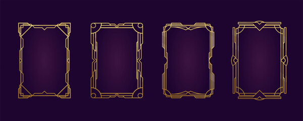 Retrofuturism steampunk golden engraved frame. Template a4 paper. Art deco line border, decor divider, antique style. Elegant geometric elements, weaving pattern, arabic style, isolated vector set.