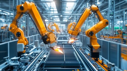 Robotic arms operate on an assembly line in a modern manufacturing facility during the day