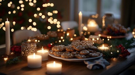 Obraz premium A 3D festive table filled with Christmas cookies candles and glowing lights