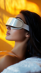 Naklejka premium woman with smooth, bright-toned skin, relaxing on a soft pillow while wearing a modern white eye massage device that fully covers her eyes and forehead,