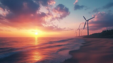 Obraz premium Wind Turbines at Ocean Sunset