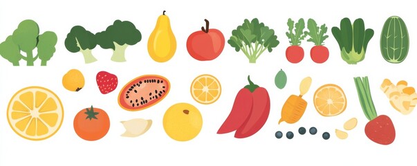 A flat vector illustration of various healthy food items including fruits, vegetables, and smoothies