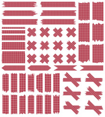 Fototapeta premium Set of paper sheets isolated on white. Pieces of decorative tape for scrapbooks. Washi tapes collection in vector. Ripped paper. Torn pieces of paper from a notebook in a cell. Red ribbons