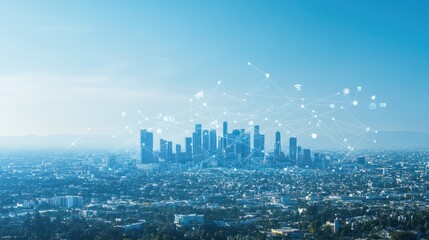 A cityscape with connected network lines and technology icons, representing the digital transformation of urban environments. The background is a clear blue sky, symbolizing hope for future