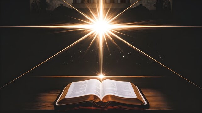 Open Bible with Divine Light and Silhouette of Building