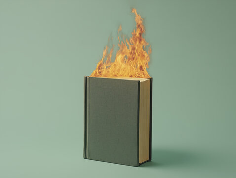 Hardcover hot book burning on fire free speech censorship concept