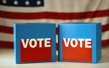 Row of several ballot boxes at a polling station prepared for the US presidential election.