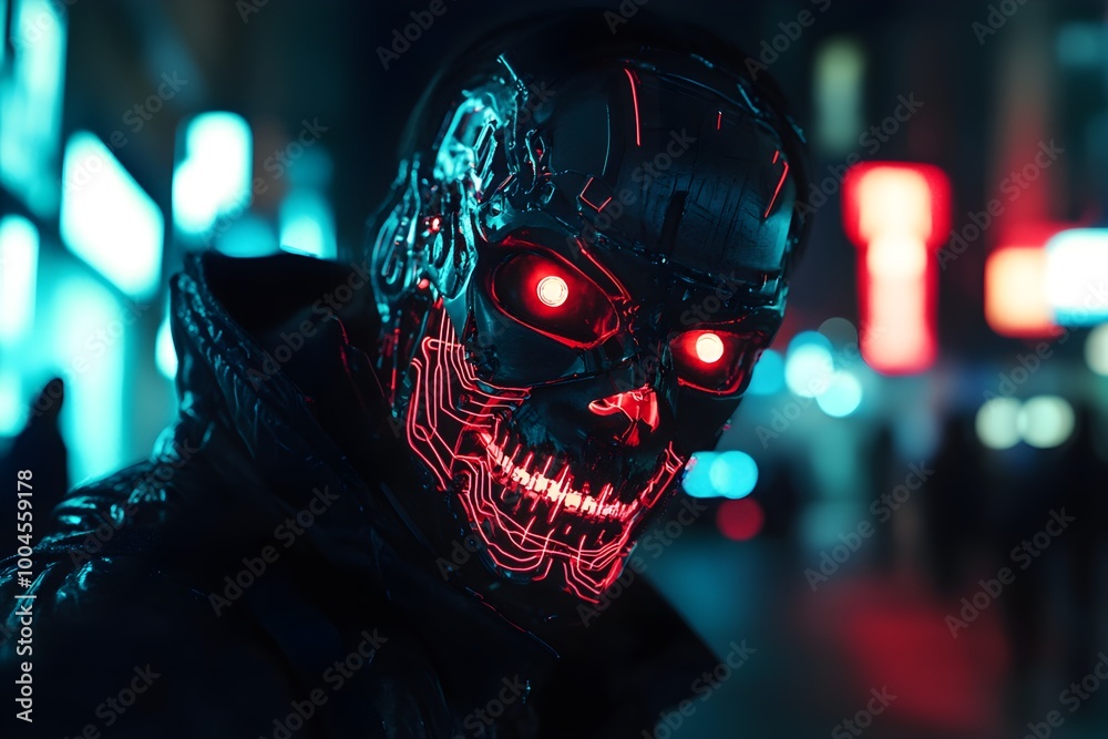 Poster futuristic cyberpunk android with neon features