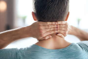 Fototapeta premium Pain in the neck muscle of Caucasian man. Nape pain and nuchal stiffness concept.