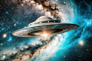 Obraz premium A futuristic spaceship gliding through a vibrant cosmic landscape filled with stars and swirling galaxies in deep space. Generative AI