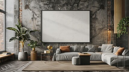 Frame mockup, ISO A paper size. Living room wall poster mockup. Interior mockup with house background. Modern interior design. 3D render, 