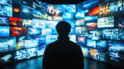 A person watching a video wall with multimedia images
