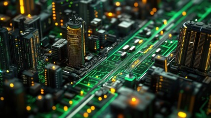 Obraz premium Cityscape on a Circuit Board