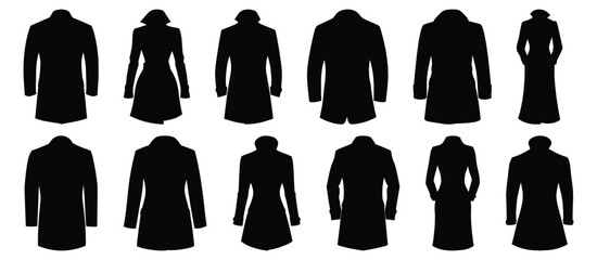 Coat silhouettes set, jacket pack of vector silhouette design, isolated background.