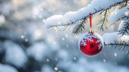 A 3D Christmas ornament hanging from a snow-covered tree branch