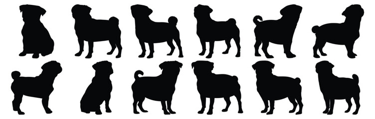 Pug silhouettes set, dog pack of vector silhouette design, isolated background