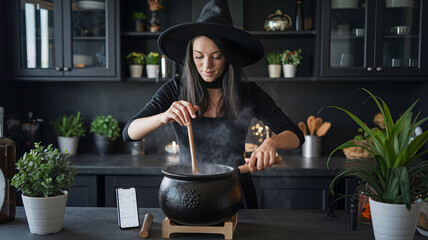 Woman dressed as a witch stirs a cauldron on the stove while looking at her smartphone in a modern kitchen. Concept of multitasking.