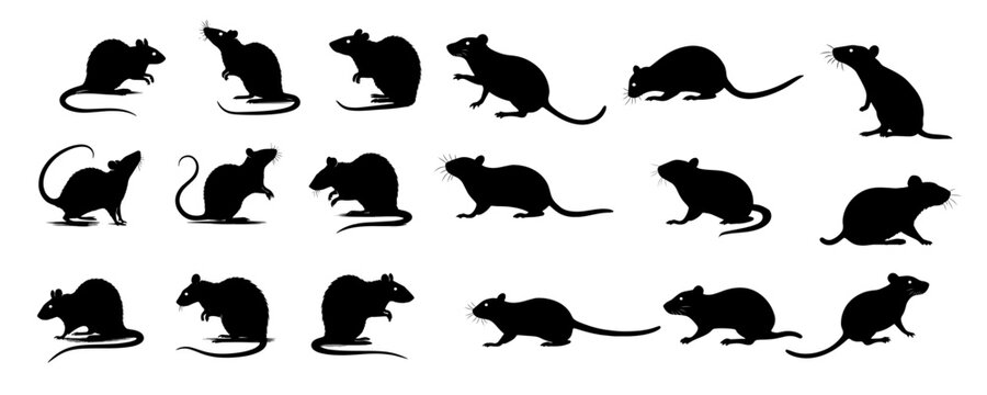 A set of Rat silhouette black color in different sitting and standing style, side pose and playing. Vector