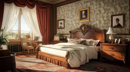 A realistic picture shows a comfortable bedroom with fancy furniture. A photo frame is hanging on the wall.