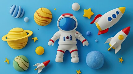 A white astronaut figurine surrounded by planets, stars, and rockets on a blue background.