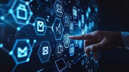 Hand touching a virtual screen with email icons and blue envelopes on a dark background