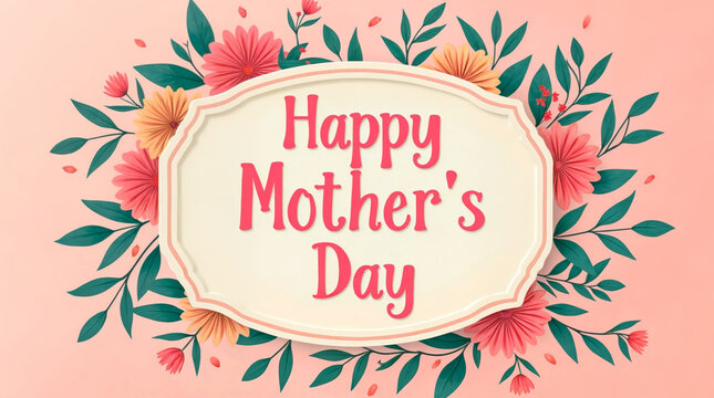 Vibrant floral Mother's Day greeting card design with pink and orange blooms, green leaves, and elegant typography on soft pink background