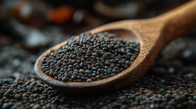 une cuilli&egrave;re qui d&eacute;borde de graines de chia qui sont toutes noires