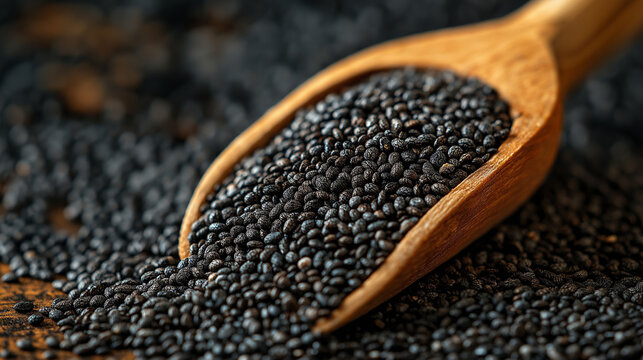 une cuilli&egrave;re qui d&eacute;borde de graines de chia qui sont toutes noires