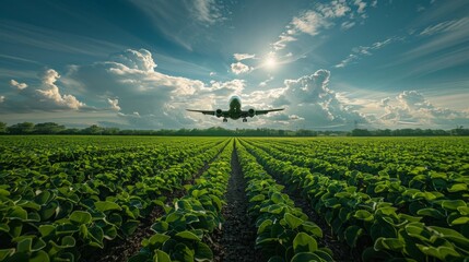 Photo of an airplane flying over a green field, with a blue sky and white clouds in the background.
