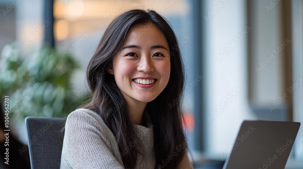 Wall mural Smiling Woman Working on Laptop in Modern Office