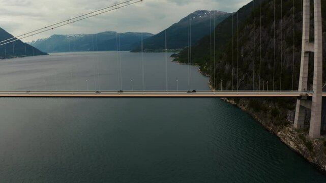 Hardanger suspension bridge in Norway Aerial view. One of the longest suspension bridges in the world
