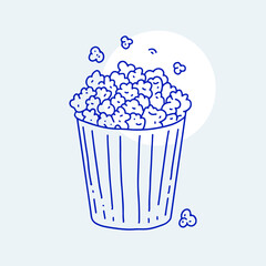 Minimalist popcorn bucket with overflowing popcorn in line art style.