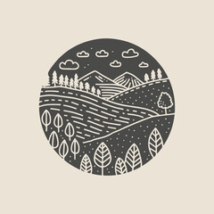 Dark circular landscape with trees, hills, and mountains in minimalist line art style.