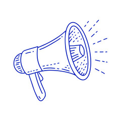Megaphone illustration in minimalist blue line art style.