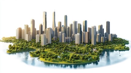Fototapeta premium Modern city skyline with tall skyscrapers on an island surrounded by water and lush green landscapes, viewed in clear daylight.