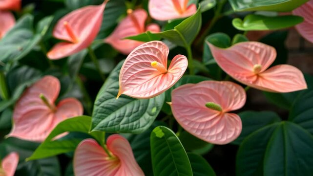 Pink anthurium flowers bloom in a tropical garden