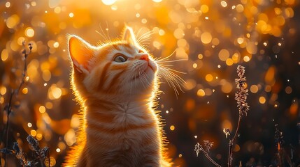 A small orange kitten sitting in a field of tall grass