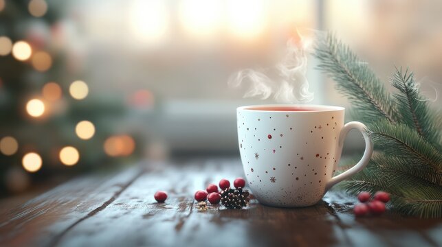 Cup for hot drinks. Preparing for festive dinner. Merry christmas and happy new year concept