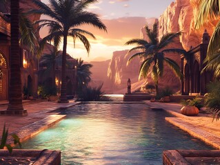Tranquil desert oasis with a shimmering pool surrounded by swaying palm trees dramatic sandstone cliffs in the distance rich earthy tones cinematic realism ancient Arabian architectural influences